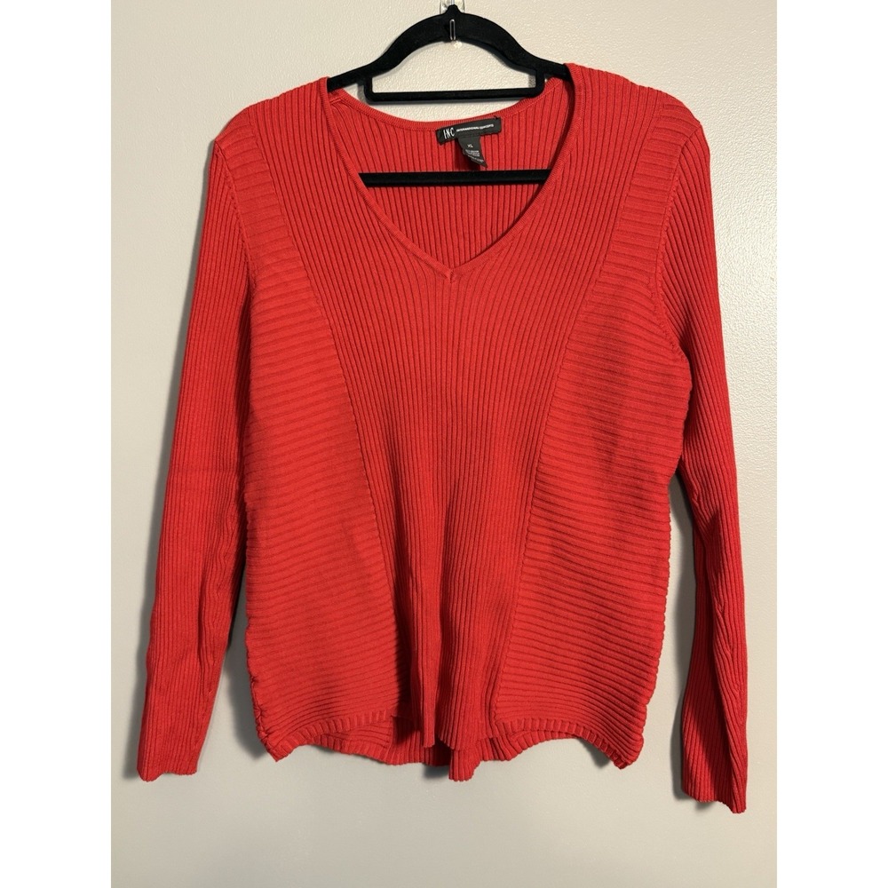 Inc International Red Ribbed V Neck XL Top Long Sleeve